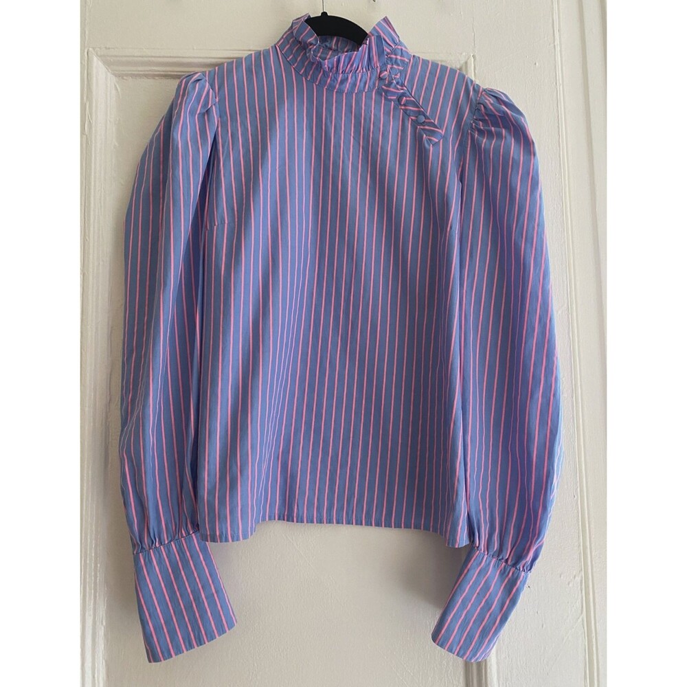 Nina Blanc High Neck Puff Sleeve Blouse Blue Pink Striped Romantic Top Small